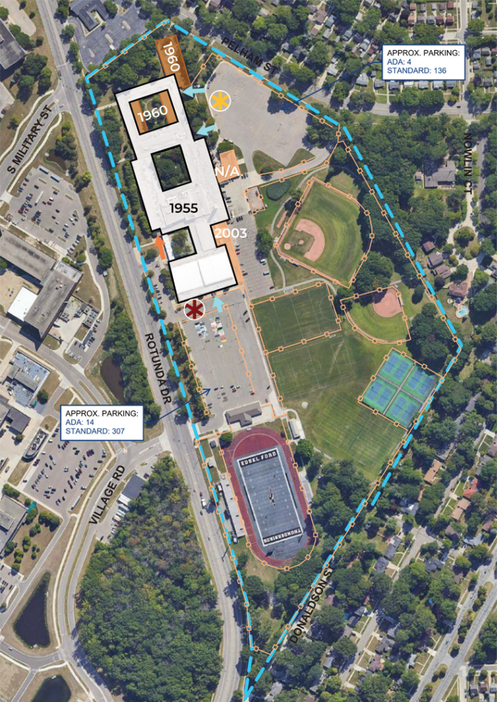 An illustration showing the years different parts of Edsel Ford High School were built including 1955, 1960 and 2003.