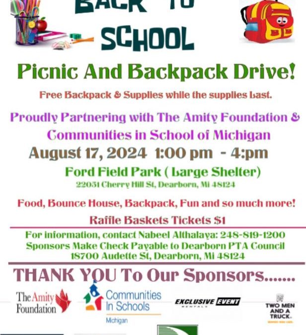 Save the date – Dearborn PTA Council 6th Annual Back to School Picnic Aug. 17th 1-4PM