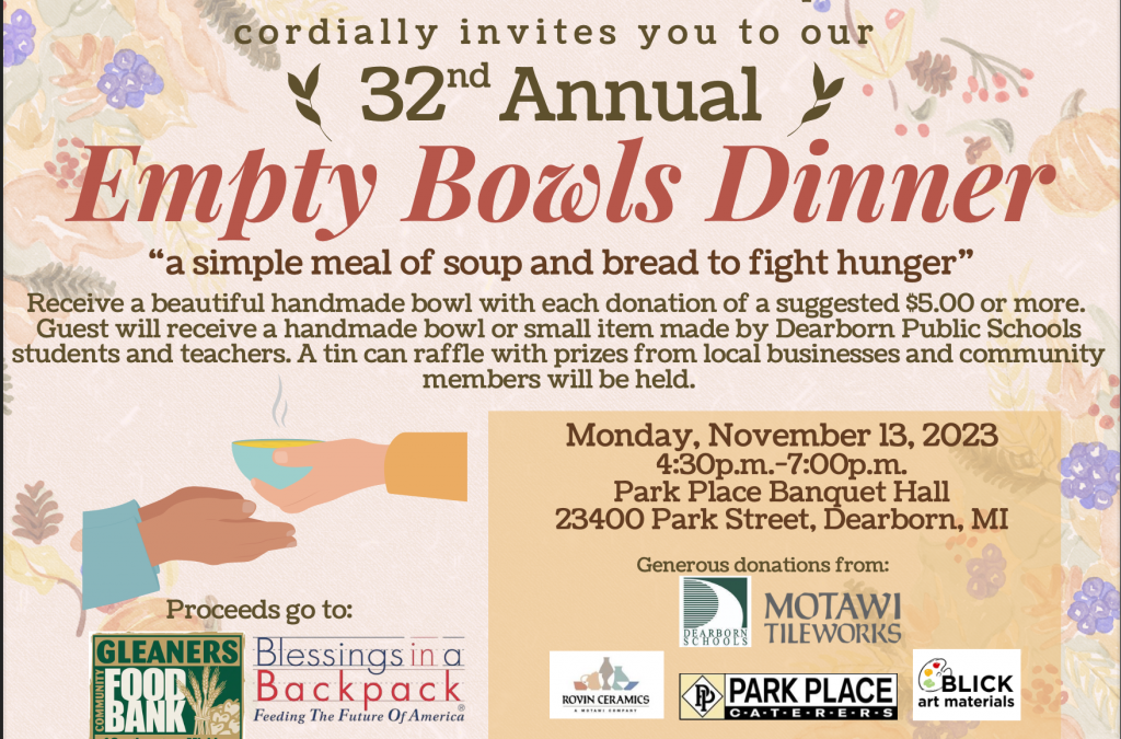 32nd Empty Bowls Fundraiser Mon. Nov. 13 4:30-7pm